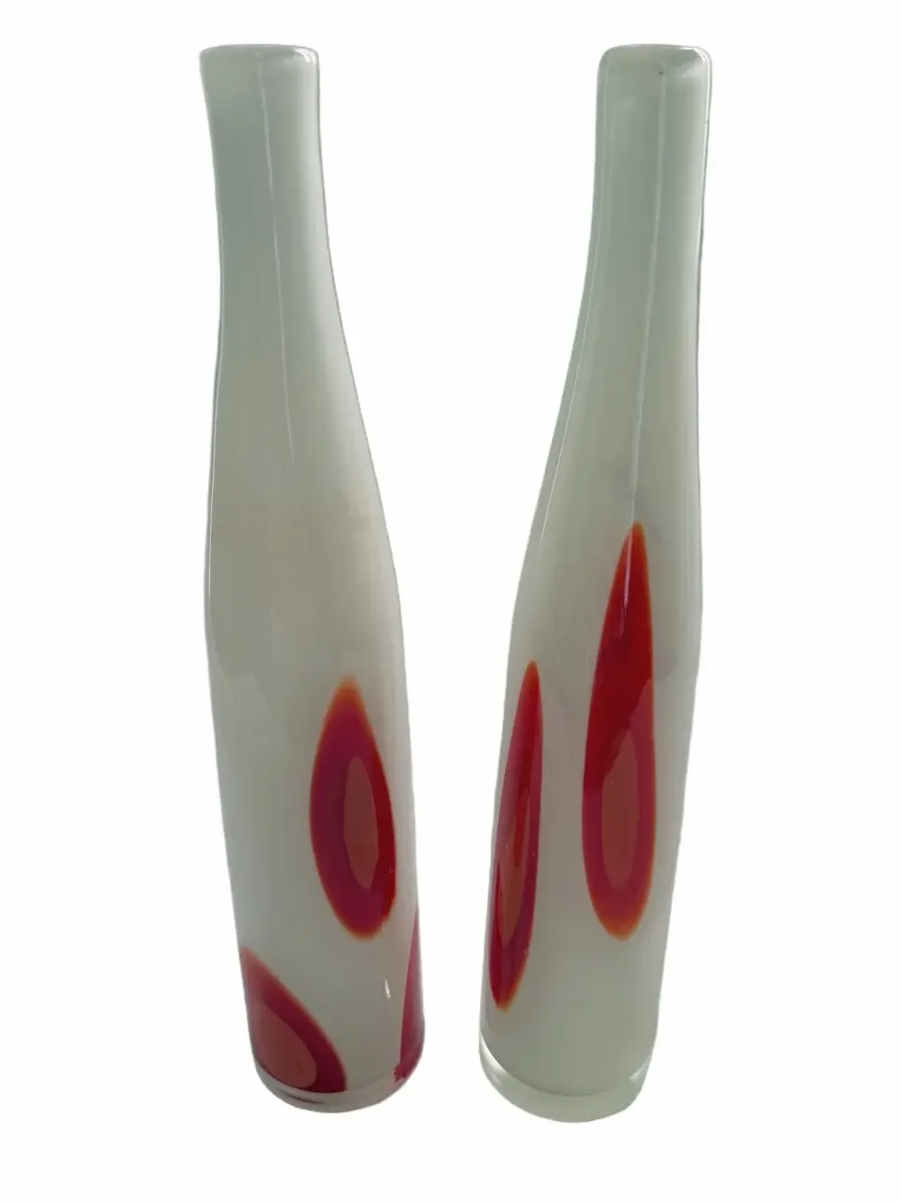 2 Vintage Murano Hand-Blown Art Glass Vases White Base Red Pulled Cane Dots
